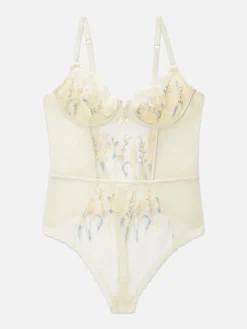 Bodysuit Aus Netzstoff Mit Blumenstickerei