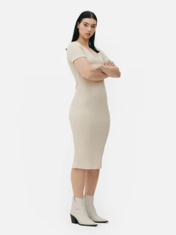 Geripptes, Kurzärmeliges Midikleid