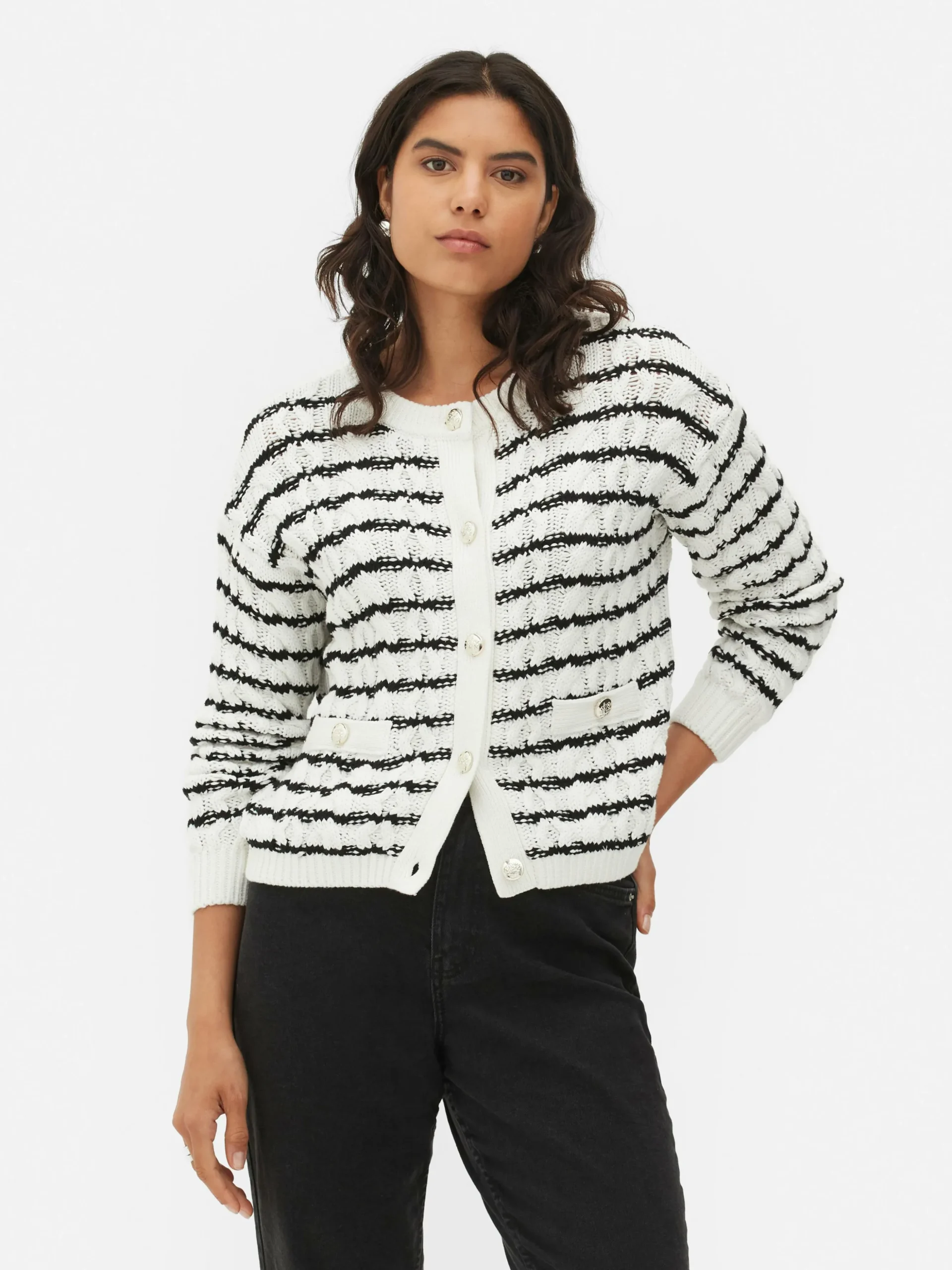 Gestreifter Cardigan Mit Zopfmuster