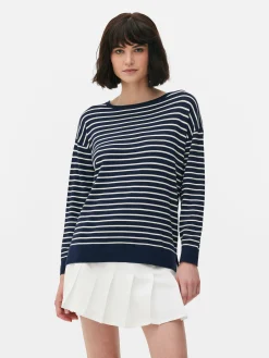 Gestreifter Feinstrickpullover Mit U-Boot-Ausschnitt