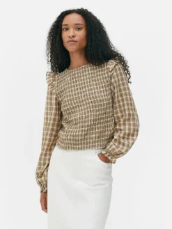 Karierte, Geraffte Langarmbluse