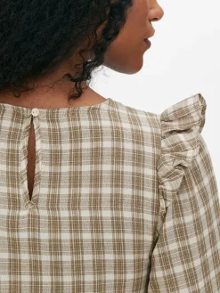 Karierte, Geraffte Langarmbluse