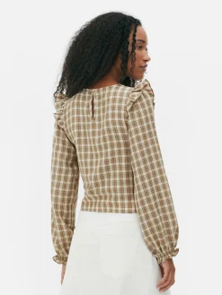 Karierte, Geraffte Langarmbluse