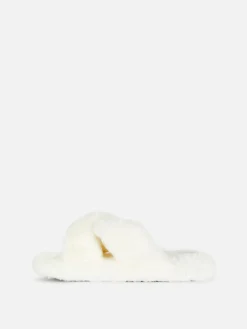 Kunstfell-Hausschuhe Mit überkreuzten Riemen