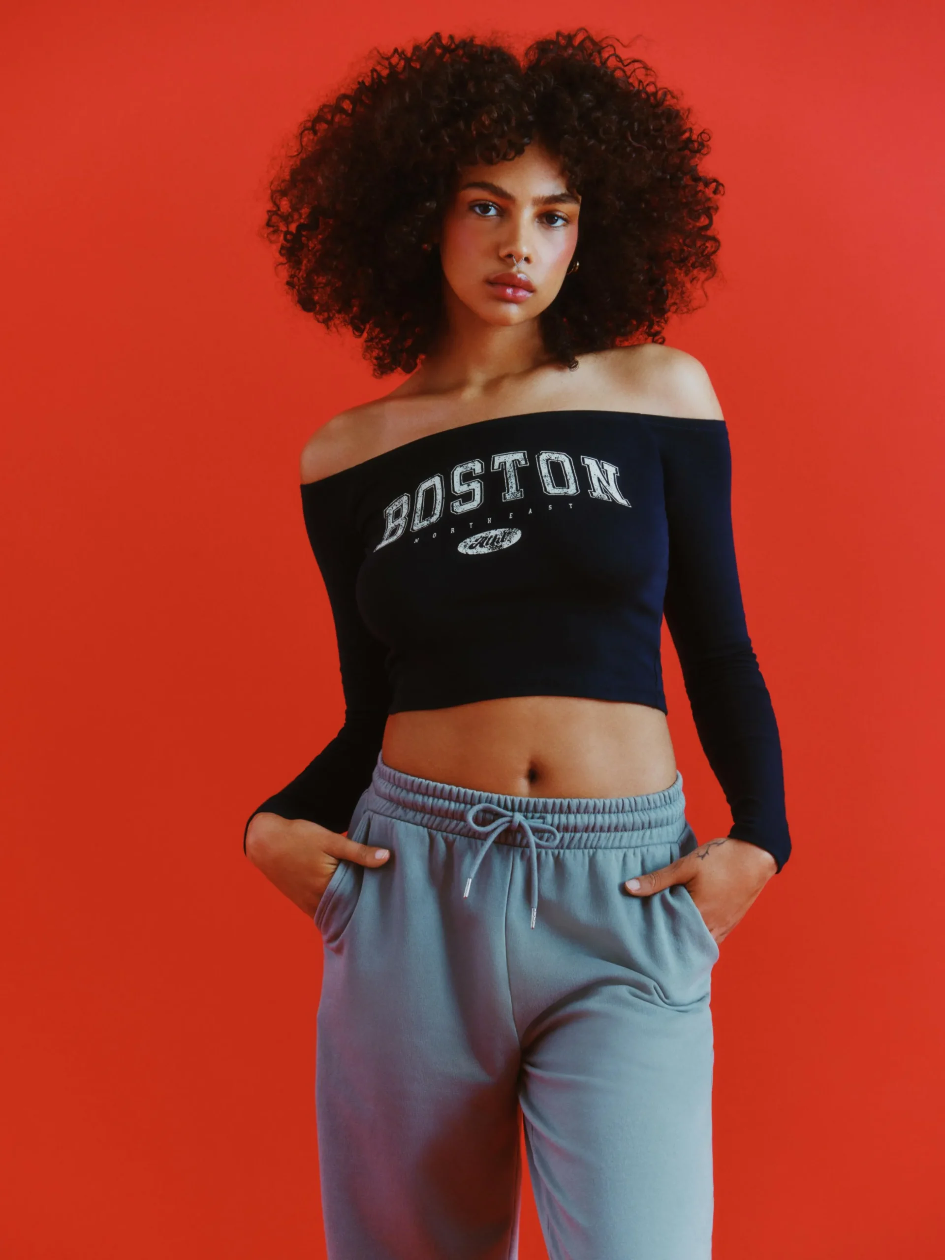 Langärmeliges, Bauchfreies Bardot-Top