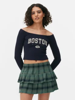 Langärmeliges, Bauchfreies Bardot-Top