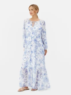 Langärmeliges Umstands-Maxikleid Mit Blumenmuster