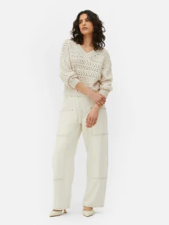 Pointelle-Strickpullover Mit V-Ausschnitt