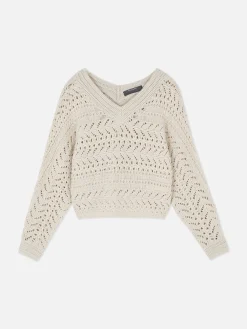 Pointelle-Strickpullover Mit V-Ausschnitt