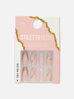 PS… Glänzende Stiletto-Kunstnägel Mit Wirbelmuster