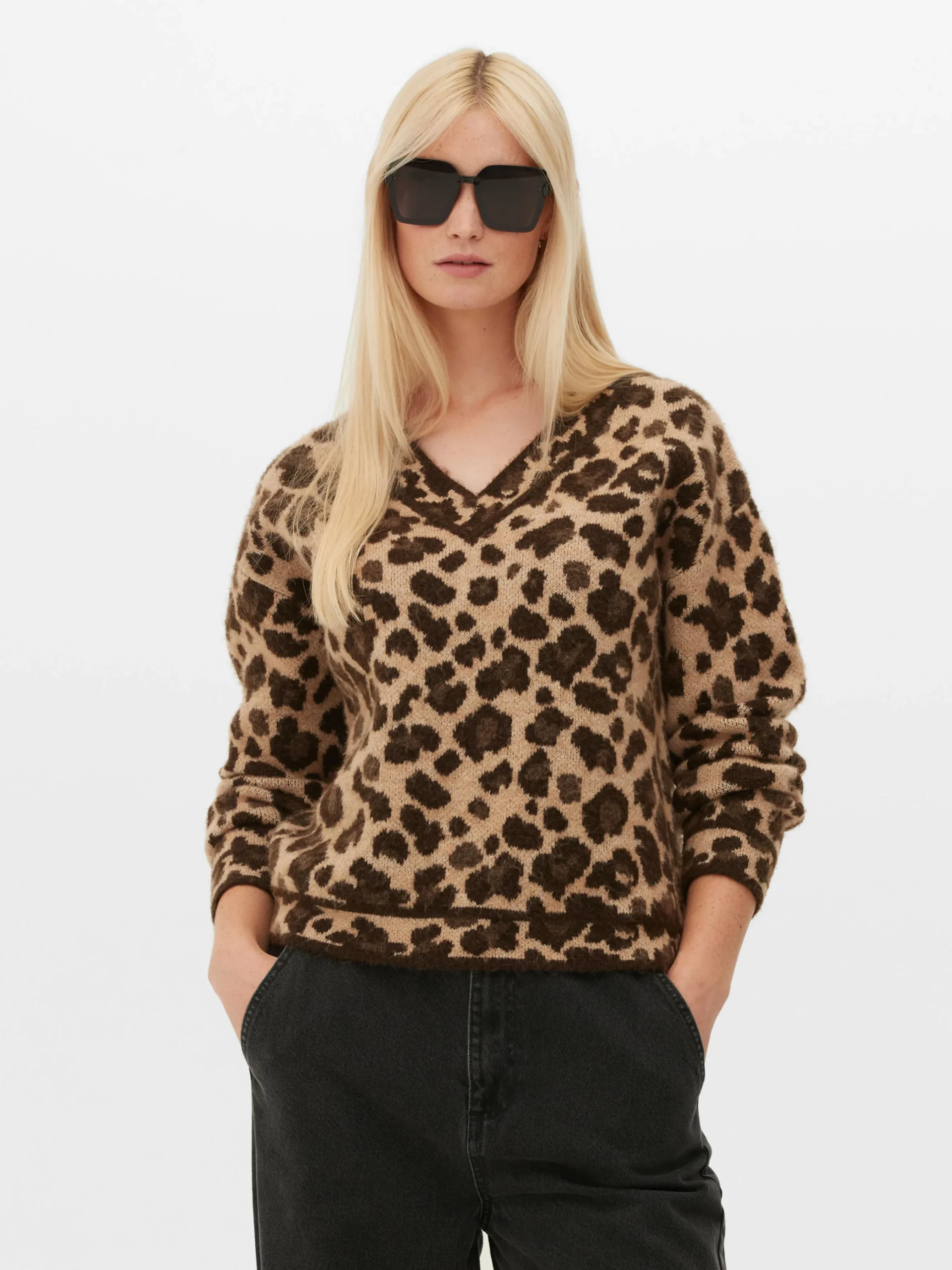 Pullover Mit Leopardenmuster Und V-Ausschnitt