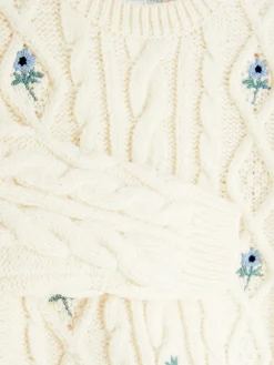 Pullover Mit Zopfmuster Und Blumenstickerei